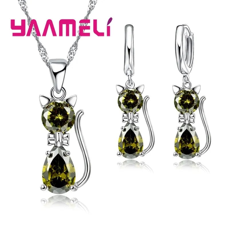 Authentic 925 Sterling Silver Jewelry Sets for Women and Girls: Sparkling Austrian Crystal Cute Cat Pendant Necklace with Matching Huggie Earrings