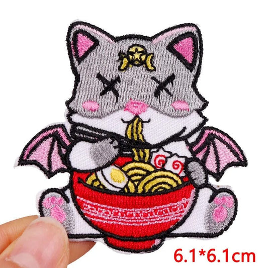Bat Cat Ramen Noodles Patch Iron Sew On Cloth Japanese Chinese Embroidered Badge
