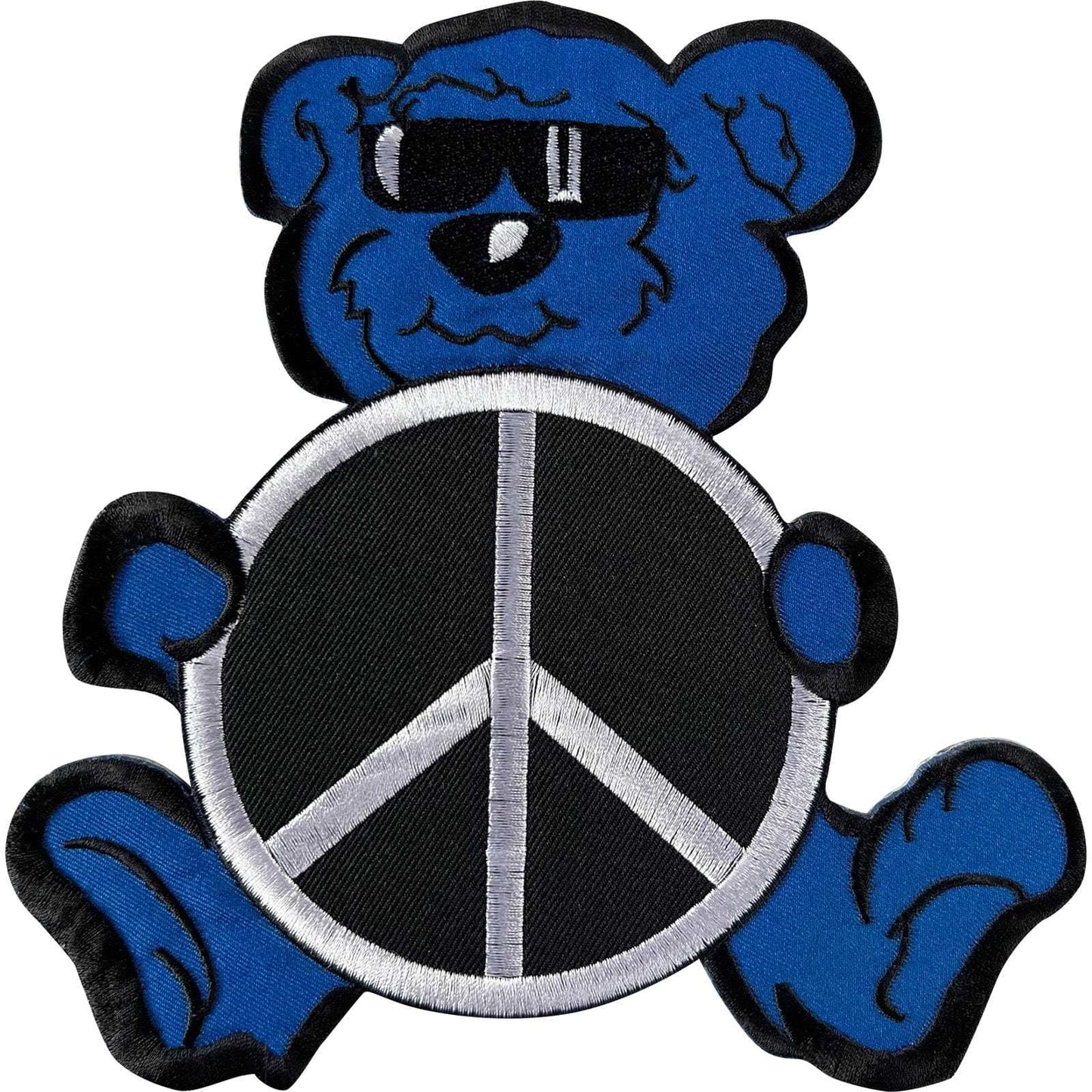 Big Large Blue Teddy Bear Peace Sign Patch Iron Sew On Clothes Embroidered Badge