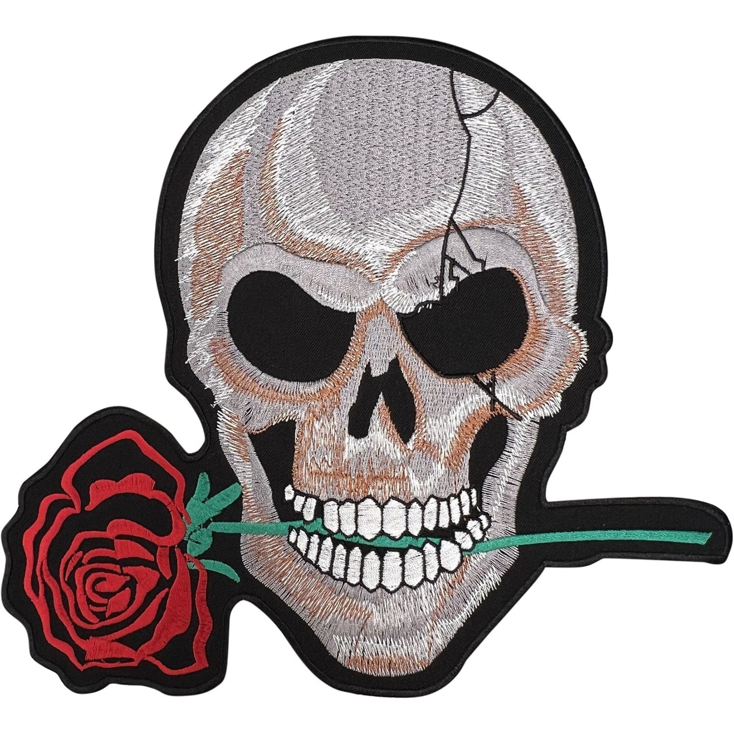 Big Skull Red Rose Patch Iron Sew On Clothes Jacket Bag Large Embroidered Badge