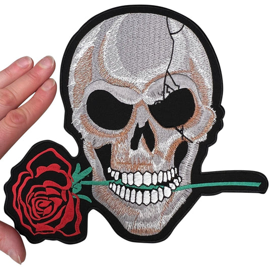 Big Skull Red Rose Patch Iron Sew On Clothes Jacket Bag Large Embroidered Badge