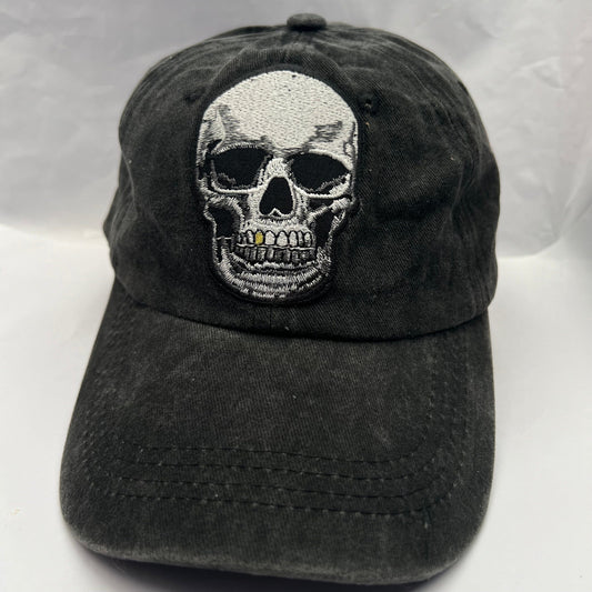 Black Baseball Cap Grey Skull Embroidered patch on Cap one size Hat Unisex Cap