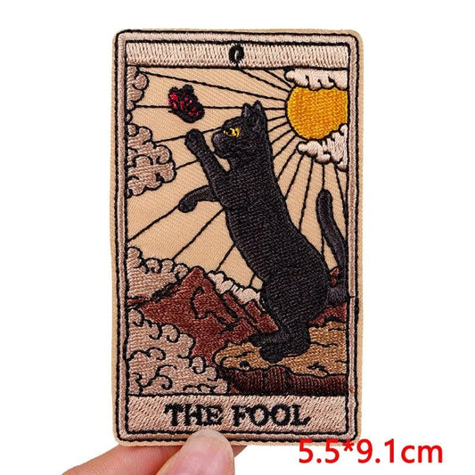 Black Cat The Fool Tarot Card Ironable Patch Sew On Embroidered Badge Applique