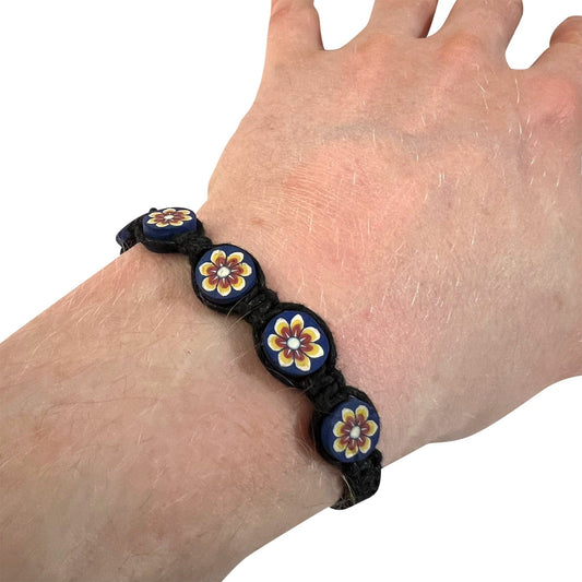 Black Cotton Bracelet Floral Flower Beads Wristband Bangle Mens Womens Jewellery