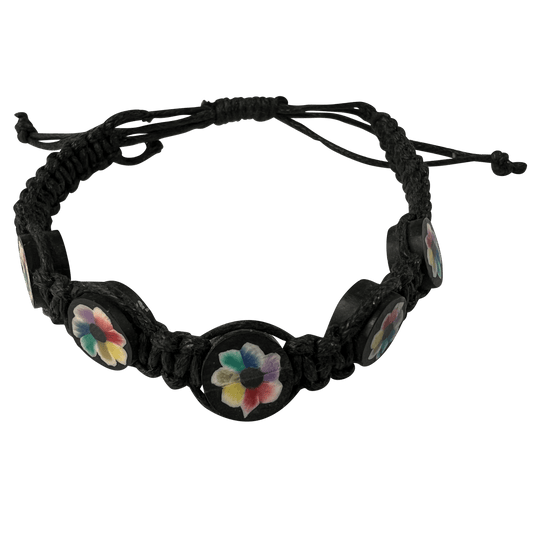 Black Cotton Bracelet Floral Flower Beads Wristband Bangle Womens Girl Jewellery