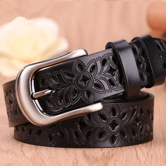 Black Floral Design Genuine Leather Belt