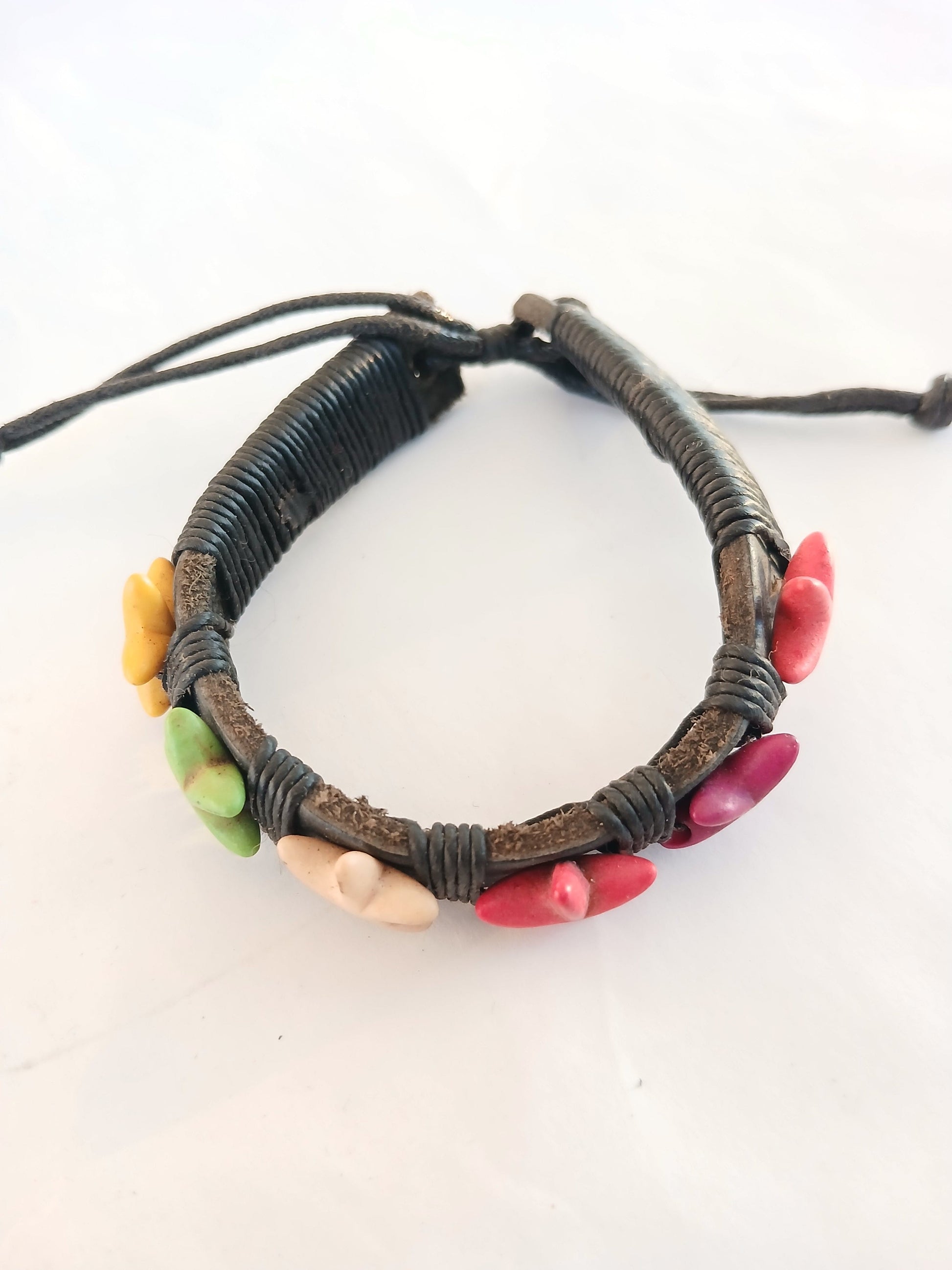 Black leather bracelet with colourful star charm handmade wristband jewellery for unisex