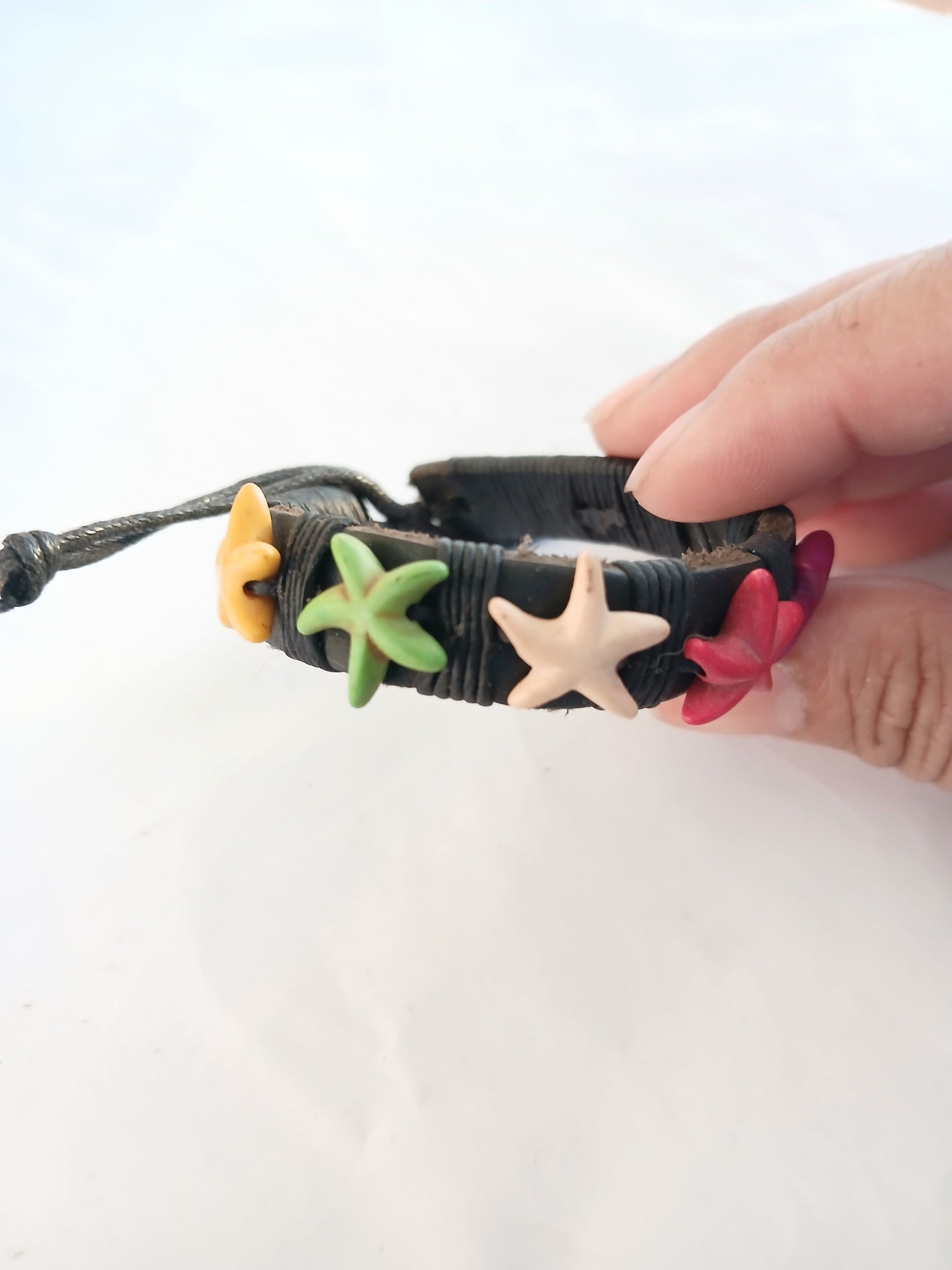 Black leather bracelet with colourful star charm handmade wristband jewellery for unisex