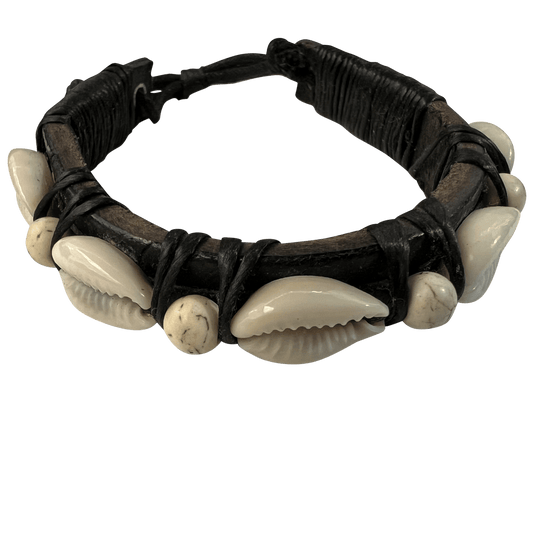 Black Leather Shell Bracelet Wristband Bangle Mens Womens Beach Surfer Jewellery