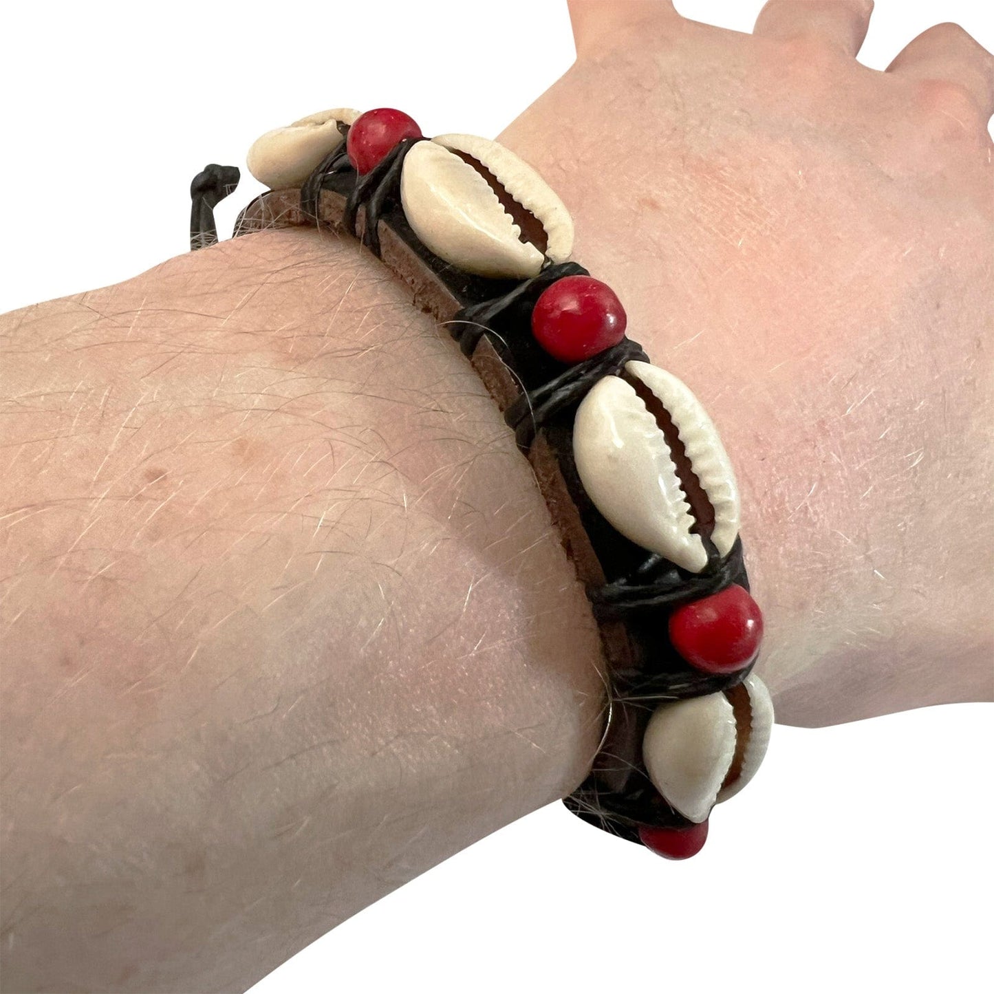 Black Leather Shell Wood Bead Bracelet Wristband Bangle Mens Womens Jewellery