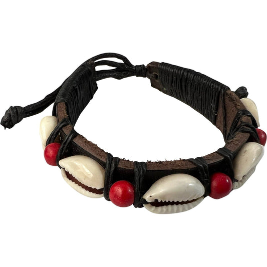 Black Leather Shell Wood Bead Bracelet Wristband Bangle Mens Womens Jewellery