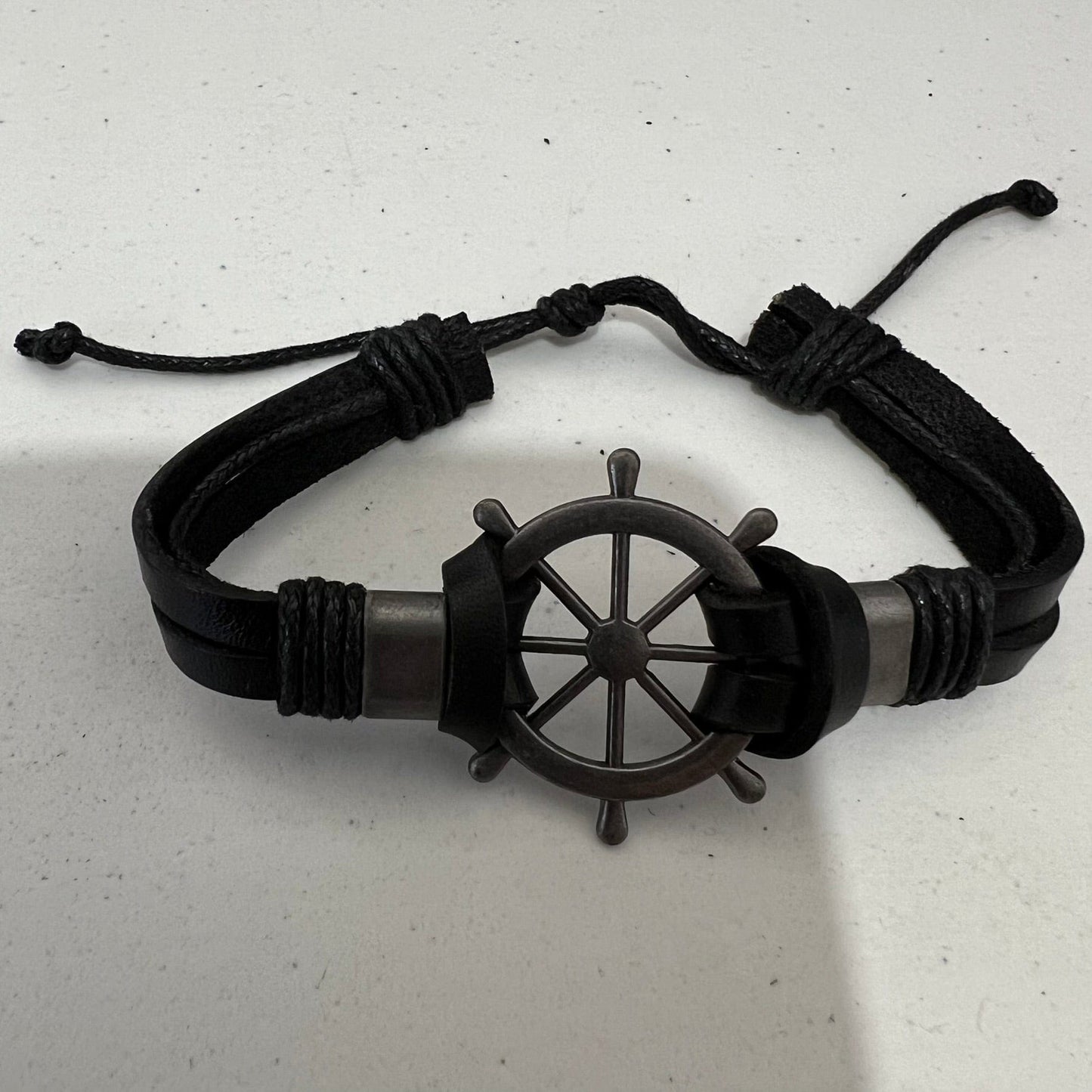 Black Leather Ship Wheel Bracelet Wristband Bangle Mens Boys Pirate Jewellery