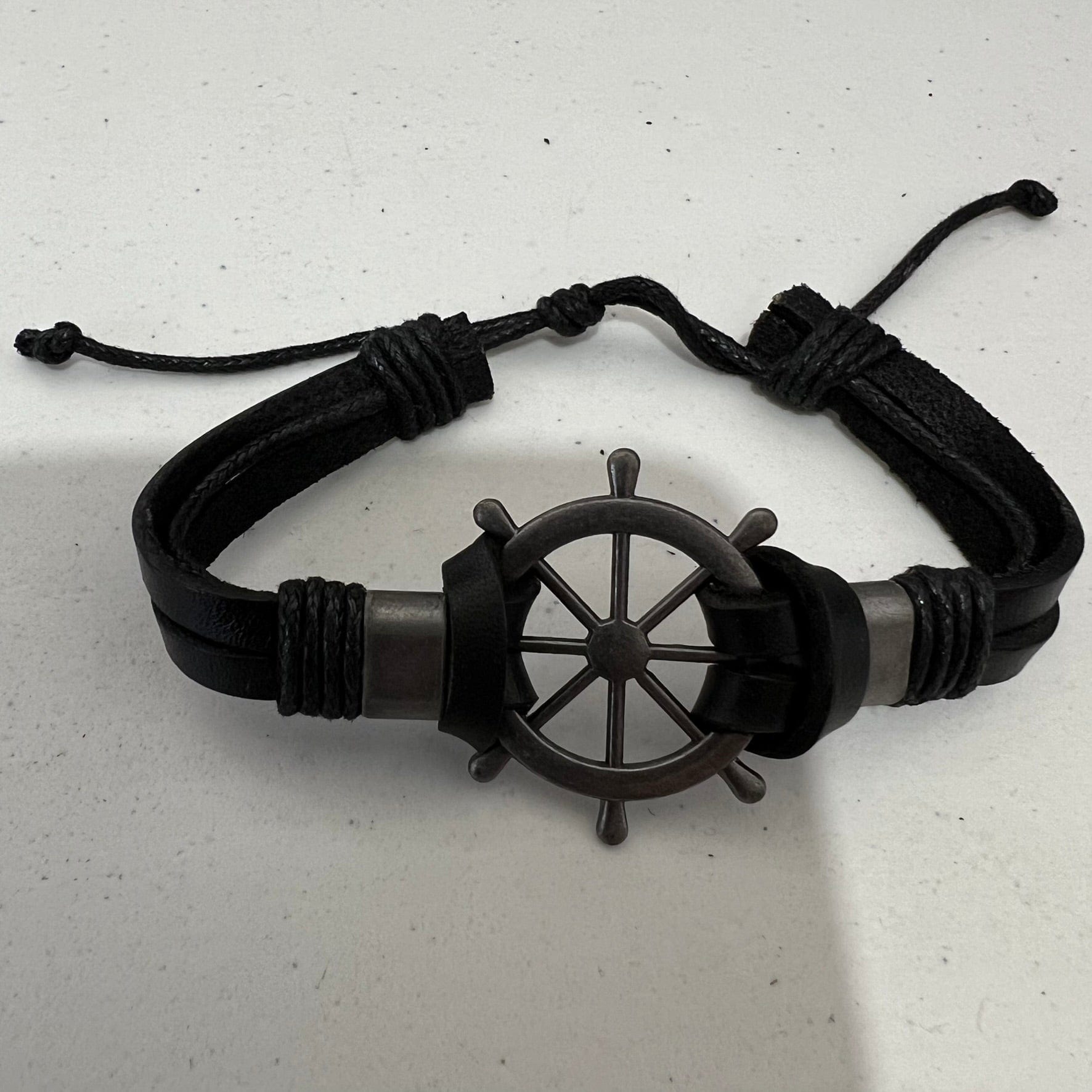 Black Leather Ship Wheel Bracelet Wristband Bangle Mens Boys Pirate Jewellery