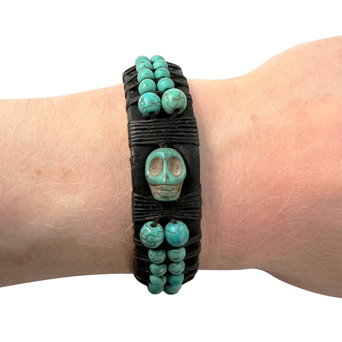 Black Leather Turquoise Skull Bracelet Wristband Bangle Mens Womens Jewellery