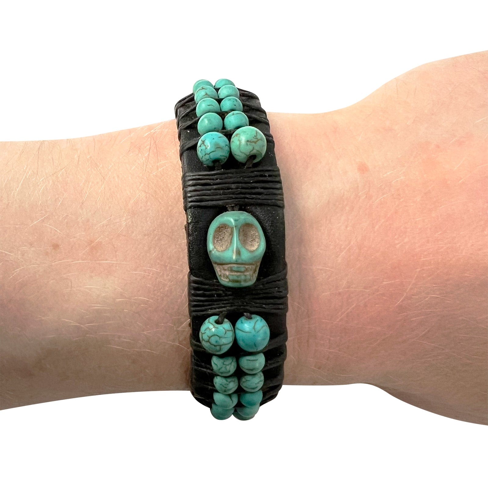 Black Leather Turquoise Skull Bracelet Wristband Bangle Mens Womens Jewellery