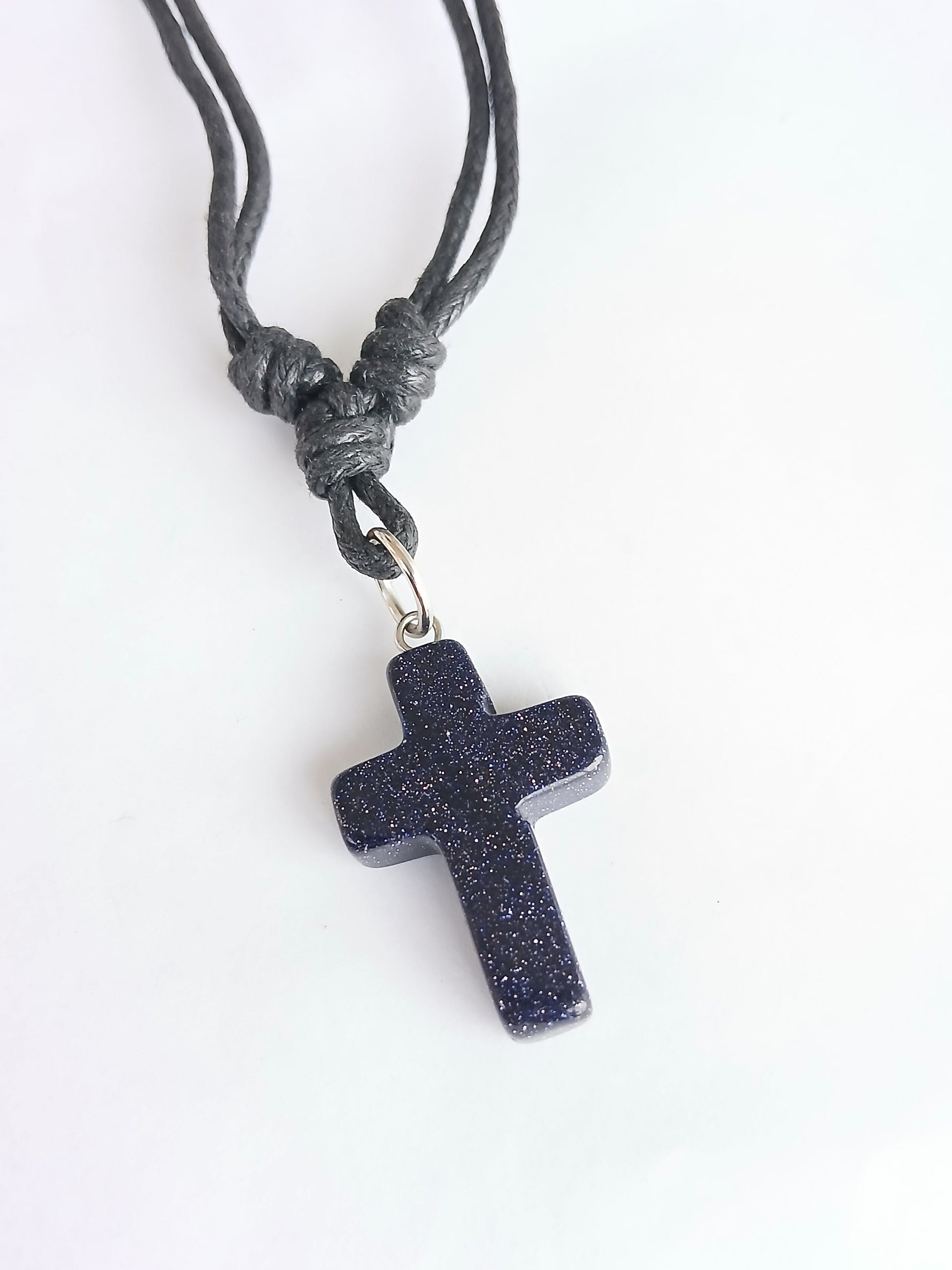 Blue gold stone Cross charm crystal gemstone pendant necklace with choker black cord