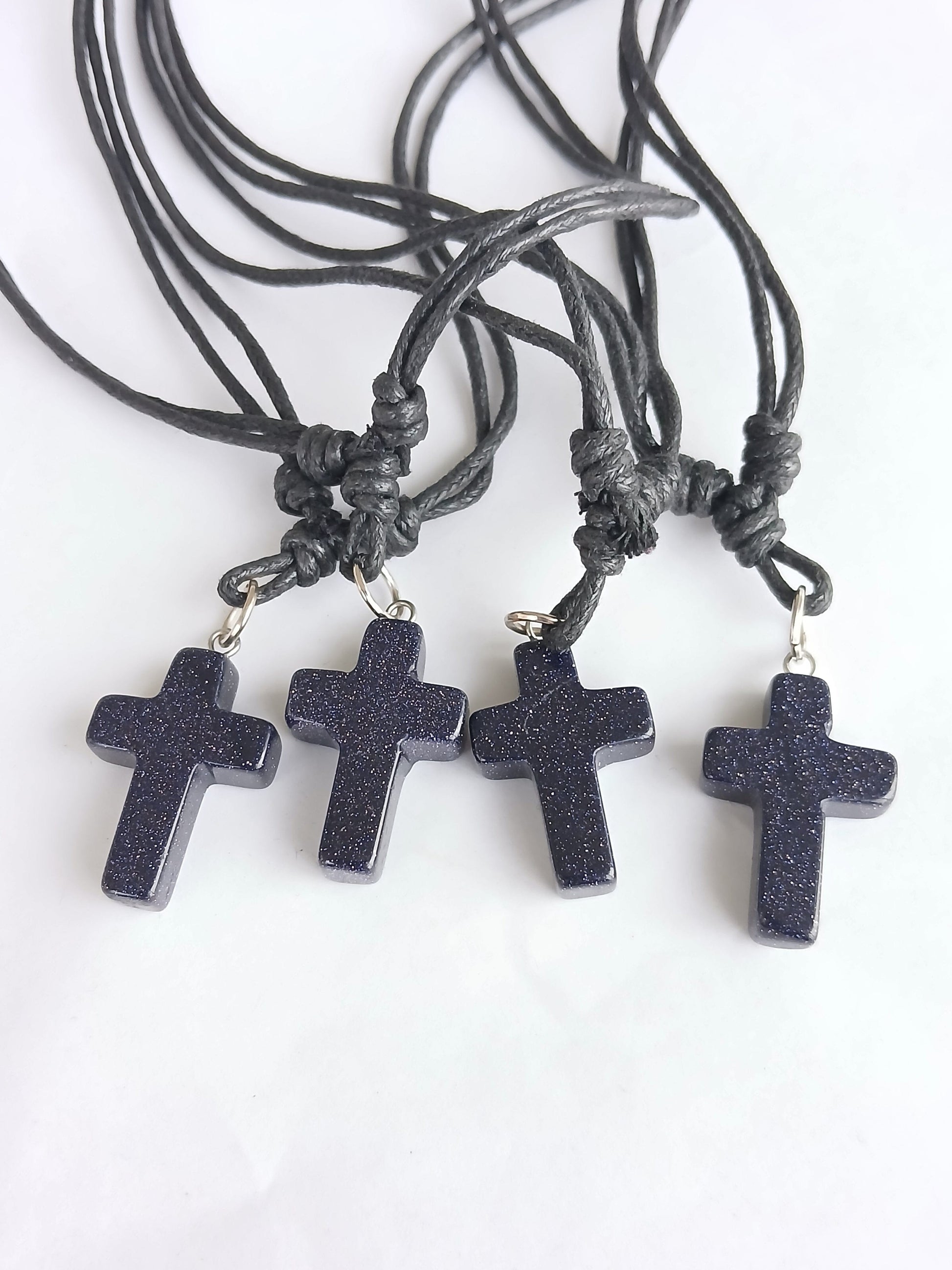 Blue gold stone Cross charm crystal gemstone pendant necklace with choker black cord