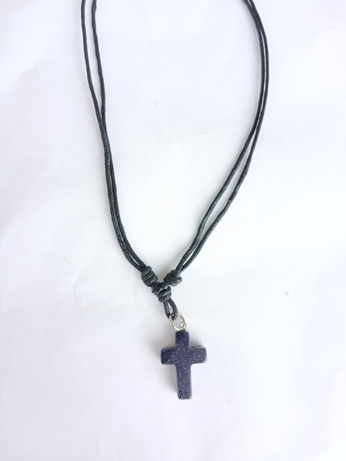 Blue gold stone Cross charm crystal gemstone pendant necklace with choker black cord