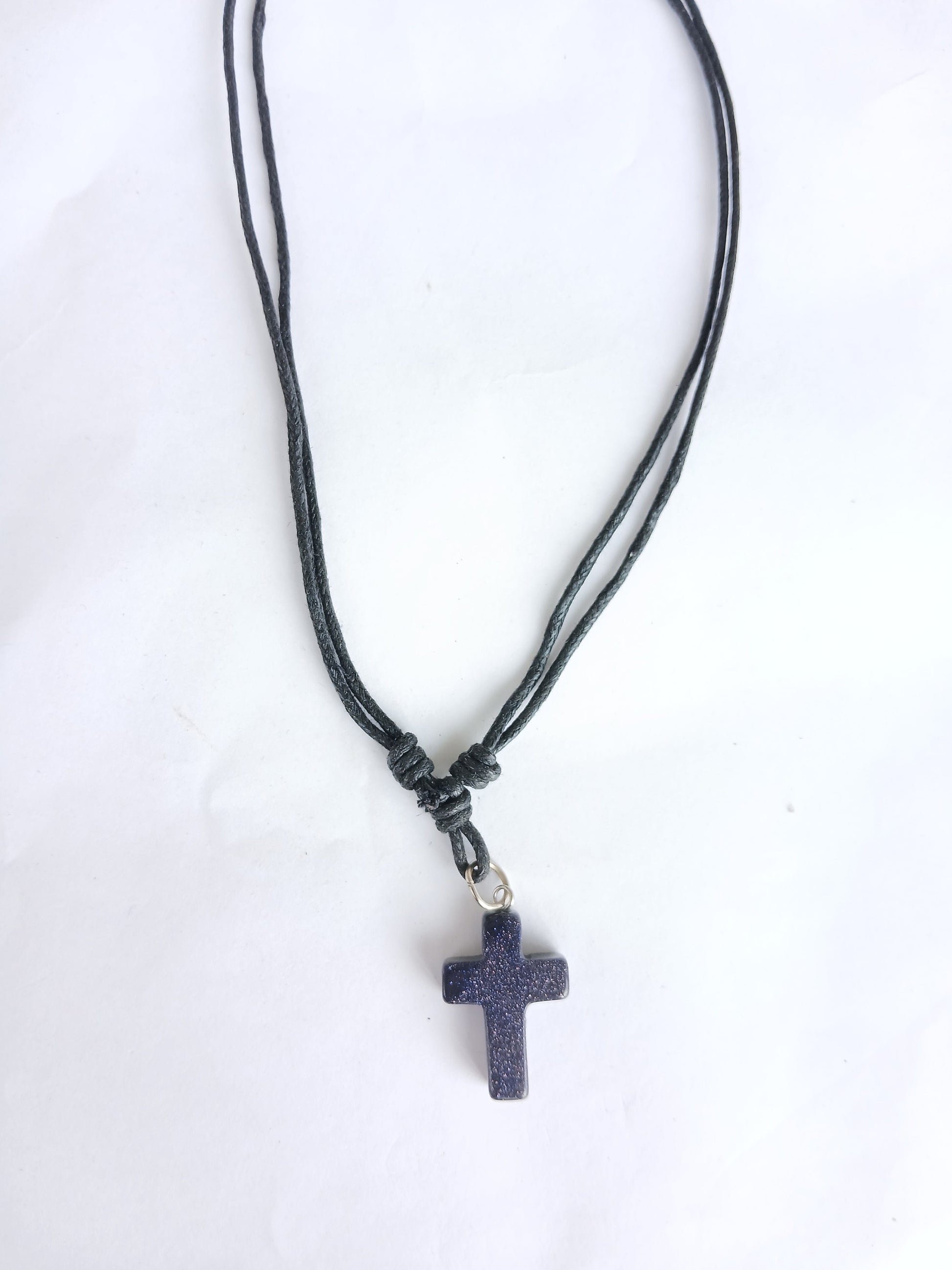 Blue gold stone Cross charm crystal gemstone pendant necklace with choker black cord