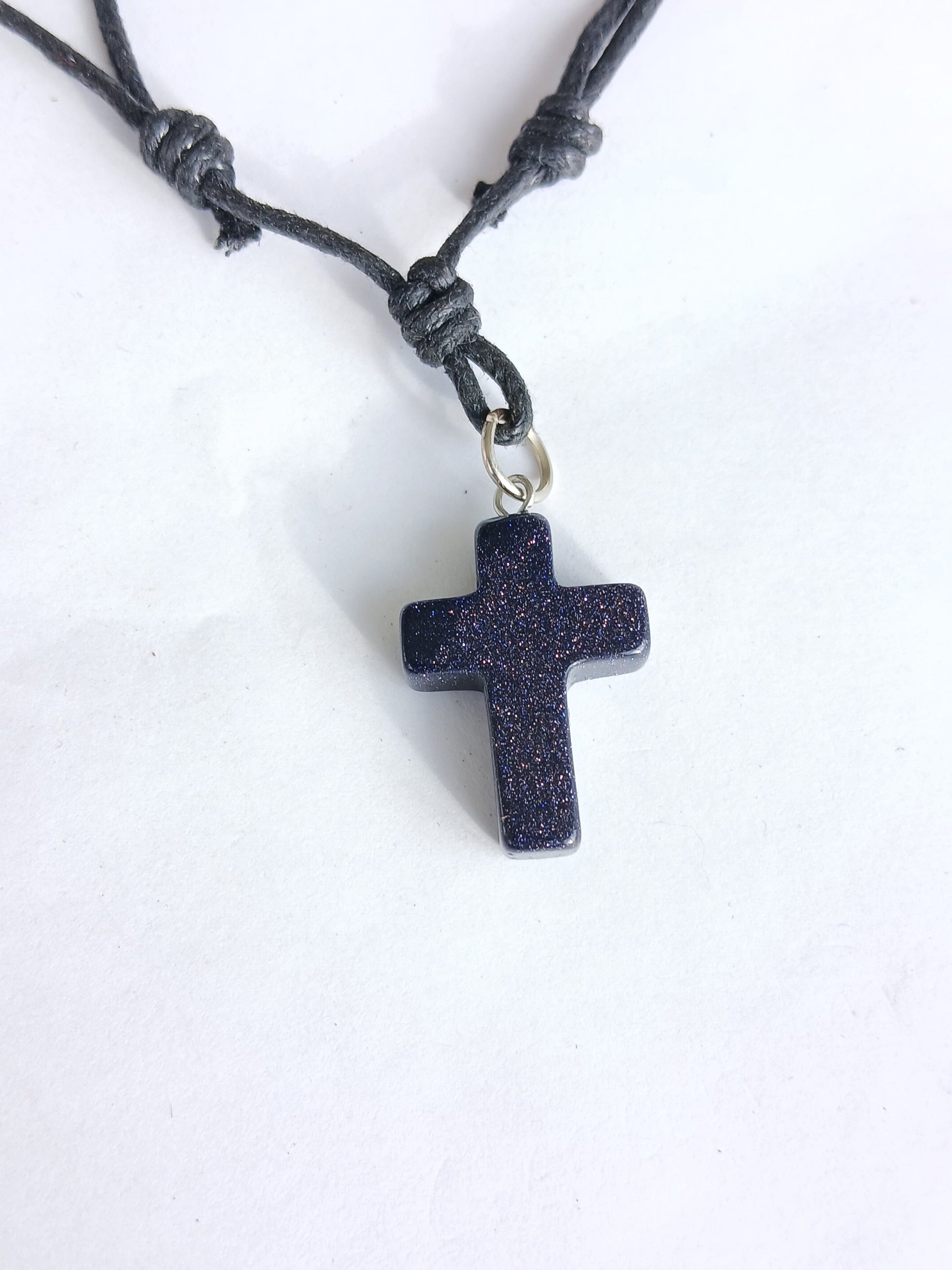 Blue gold stone Cross charm crystal gemstone pendant necklace with choker black cord