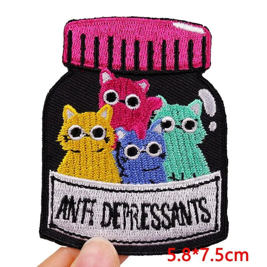 Bottle Cats Antidepressants Patch Iron Sew On Embroidered Badge Motif Applique