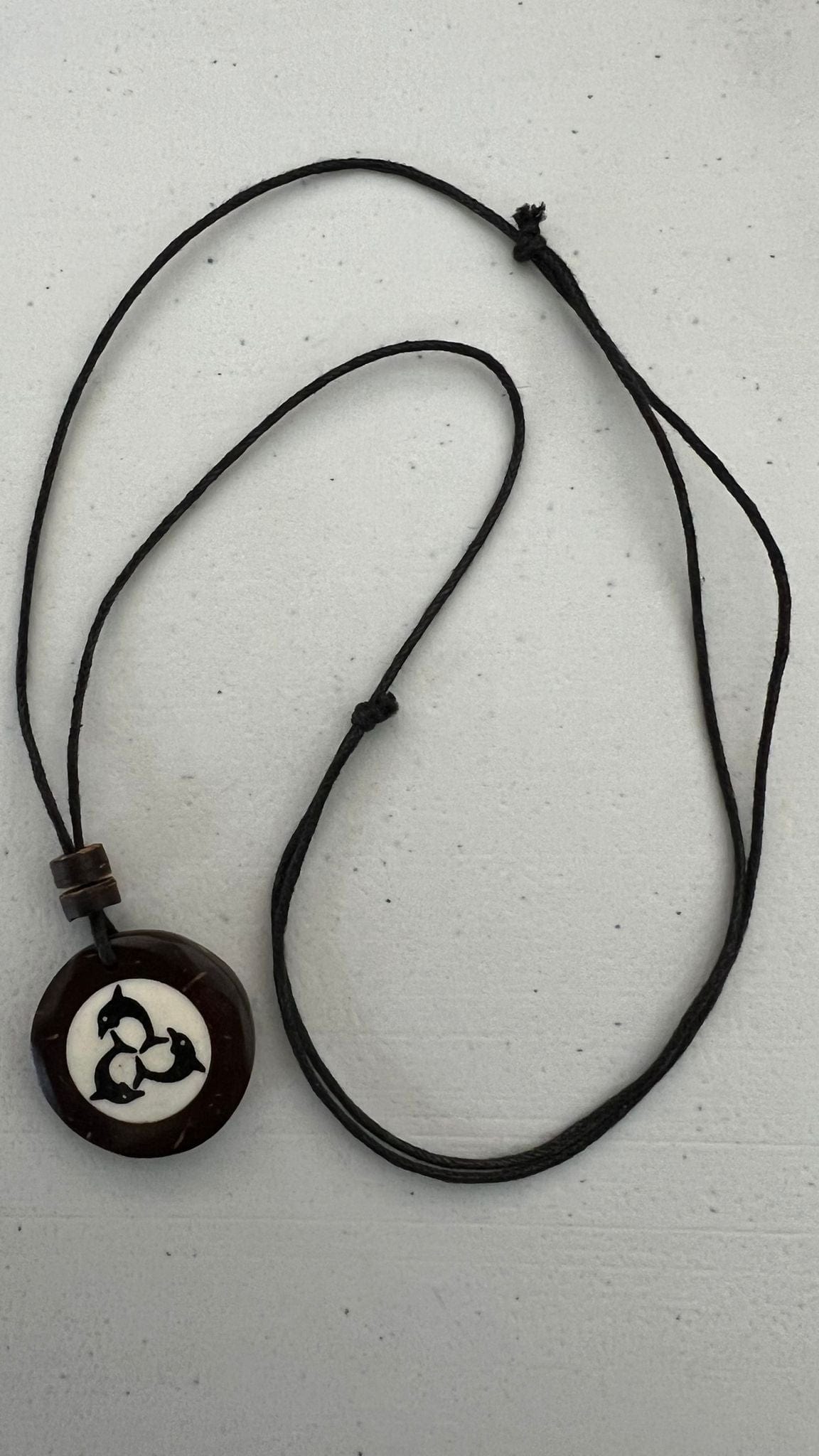 Brown Coconut Wood Dolphin Pendant Necklace Black Cord Chain Handmade Jewellery