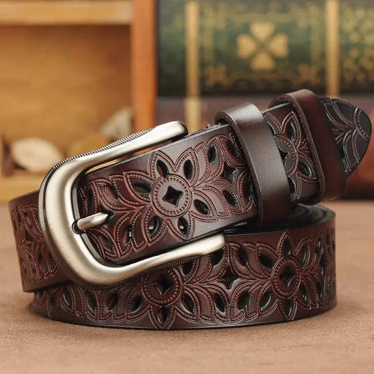Brown Floral Design Genuine Leather Belt