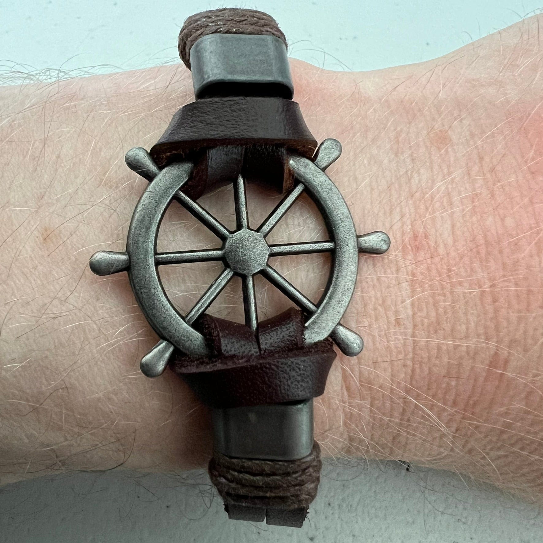 Brown Leather Ship Wheel Bracelet Wristband Bangle Mens Boys Pirate Jewellery