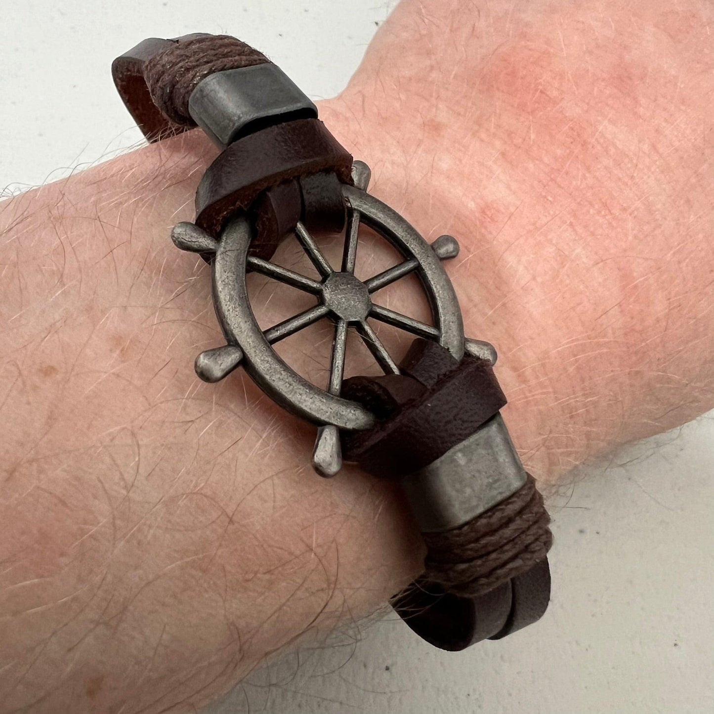 Brown Leather Ship Wheel Bracelet Wristband Bangle Mens Boys Pirate Jewellery