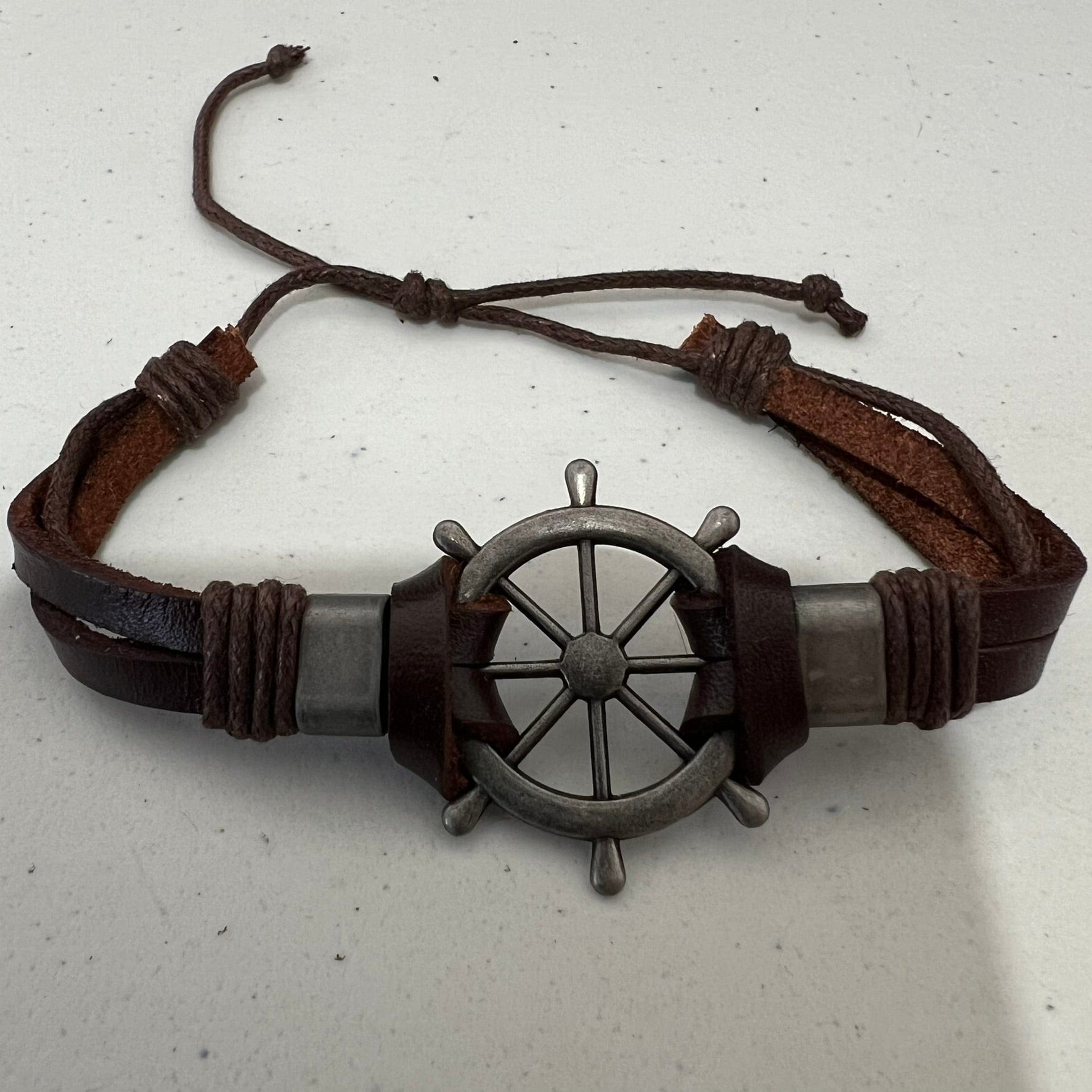 Brown Leather Ship Wheel Bracelet Wristband Bangle Mens Boys Pirate Jewellery