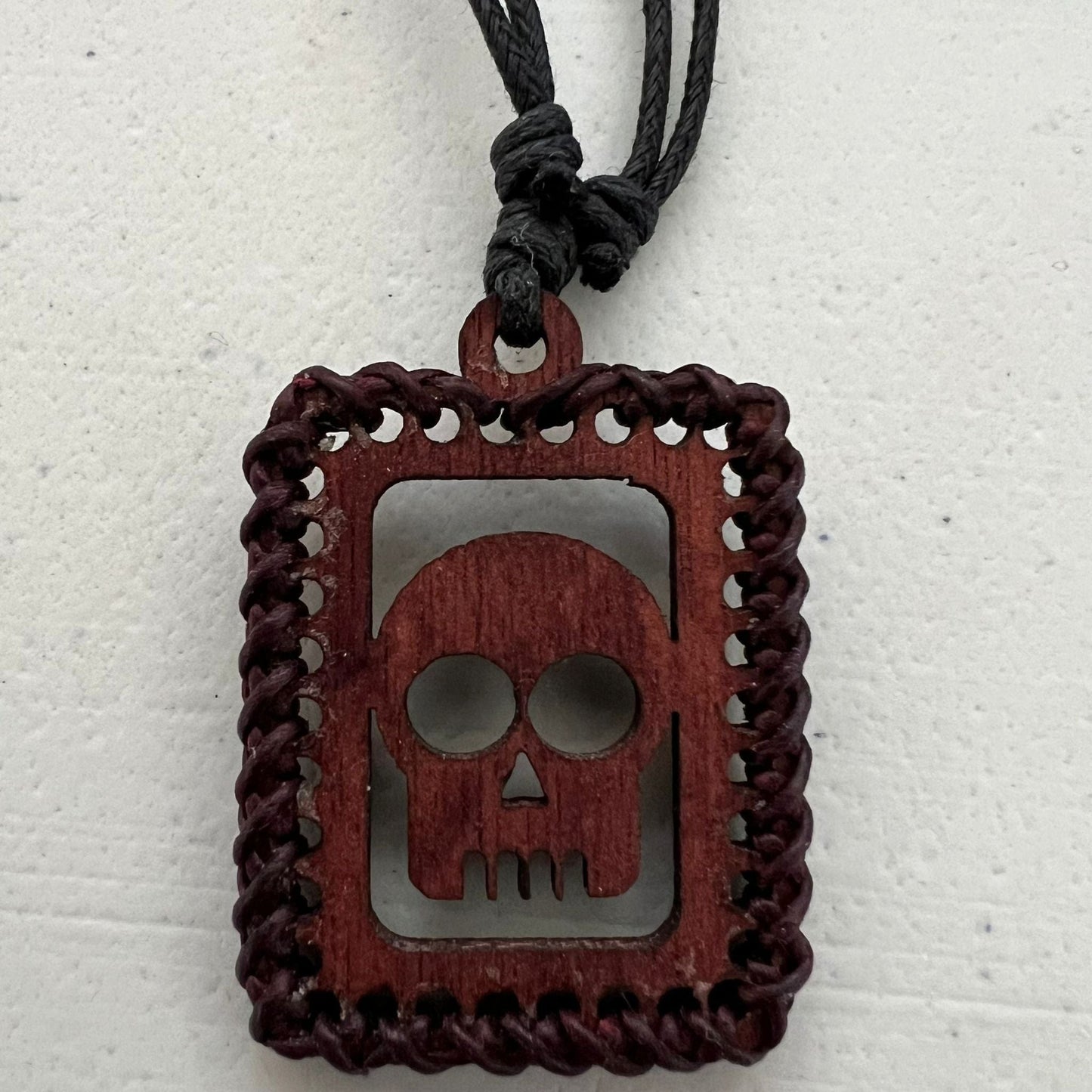 Brown Wood Skull Pendant Necklace Black Cord Chain Tribal Handmade Jewellery