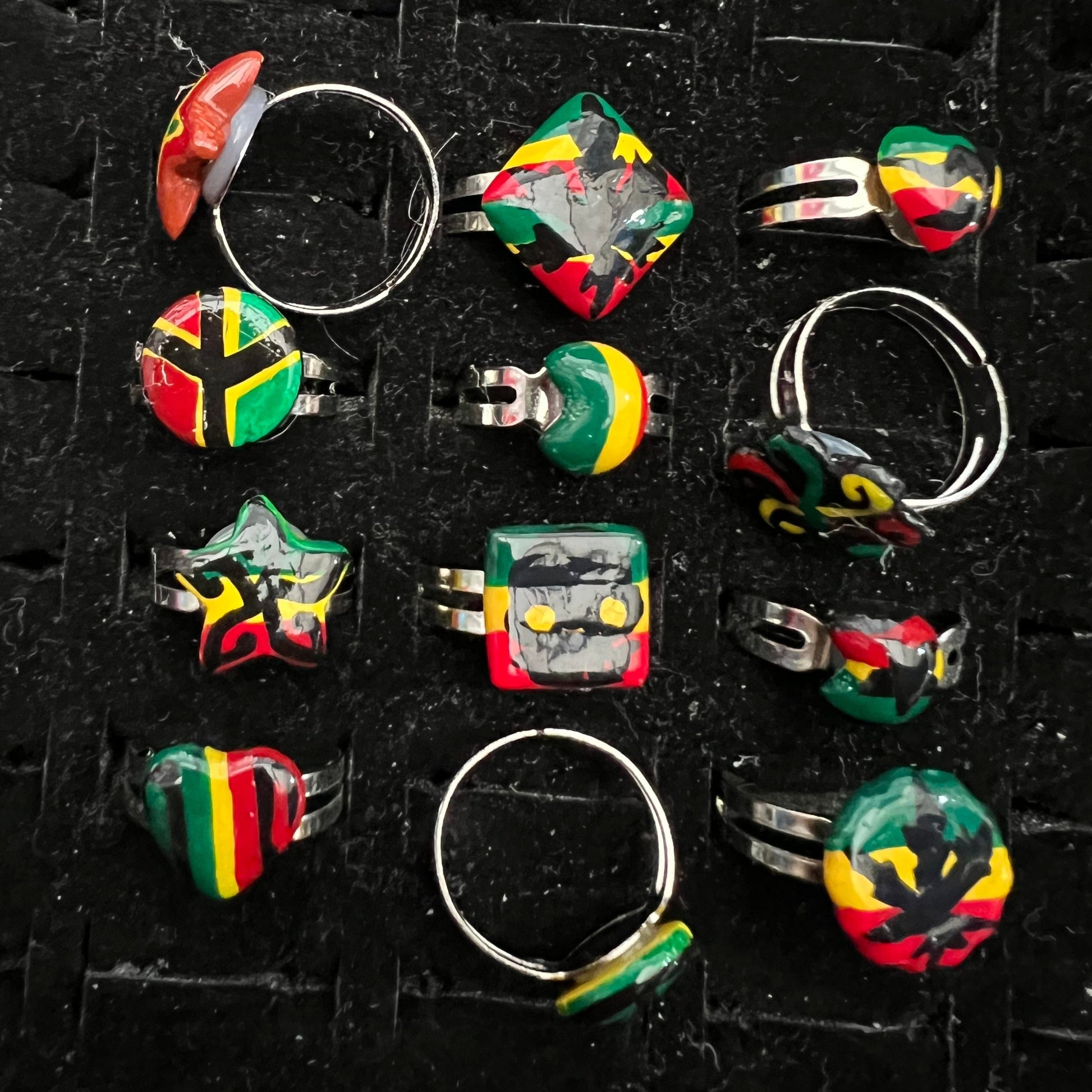 Bundle of Rings Rasta skull Leaf weed heart star painted ￼resizeable rings 12 piece