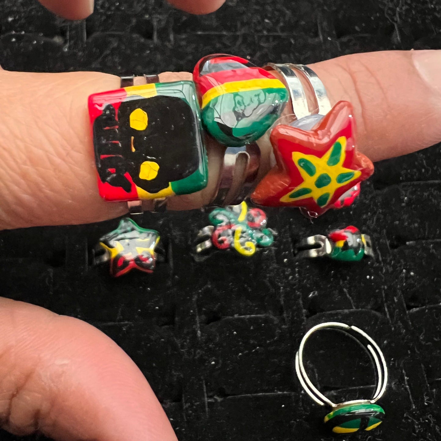 Bundle of Rings Rasta skull Leaf weed heart star painted ￼resizeable rings 12 piece