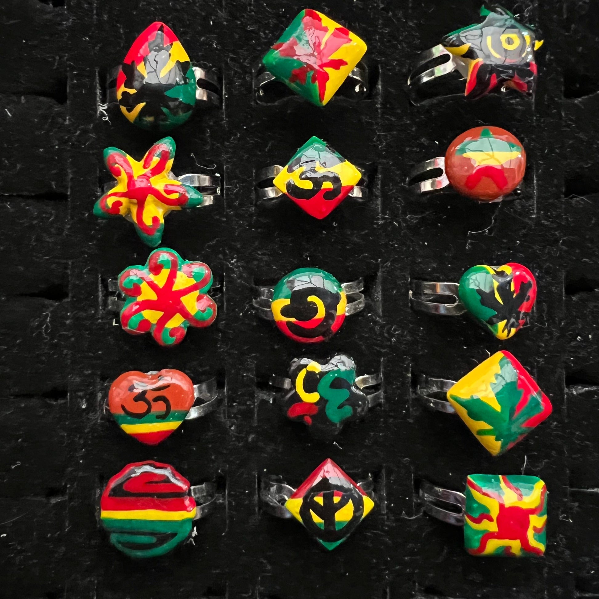Bundle of Rings Sun flower weed heart Rasta painted Adjustable Rings