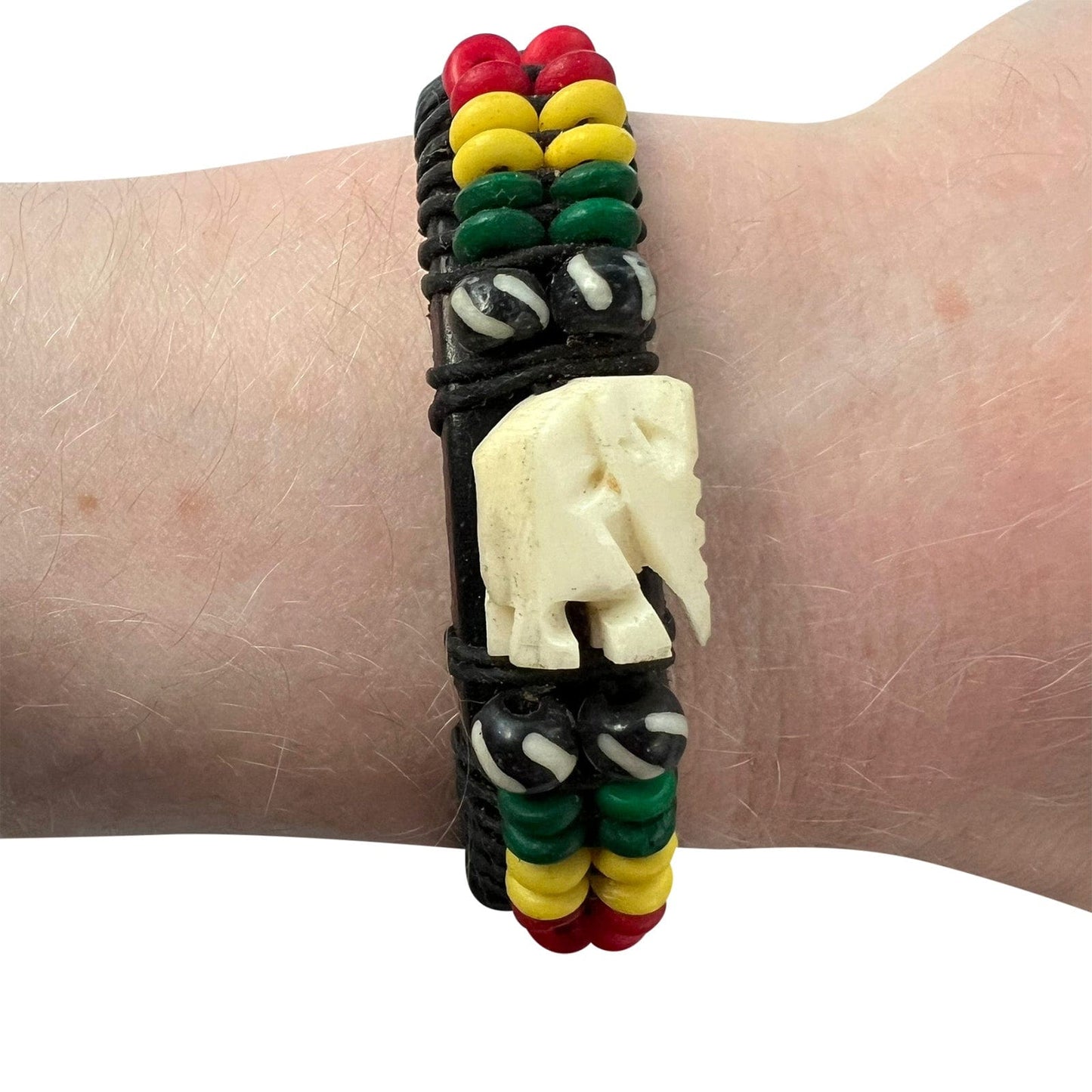 Elephant Black Leather Bracelet Wood Bead Wristband Bangle Mens Womens Jewellery