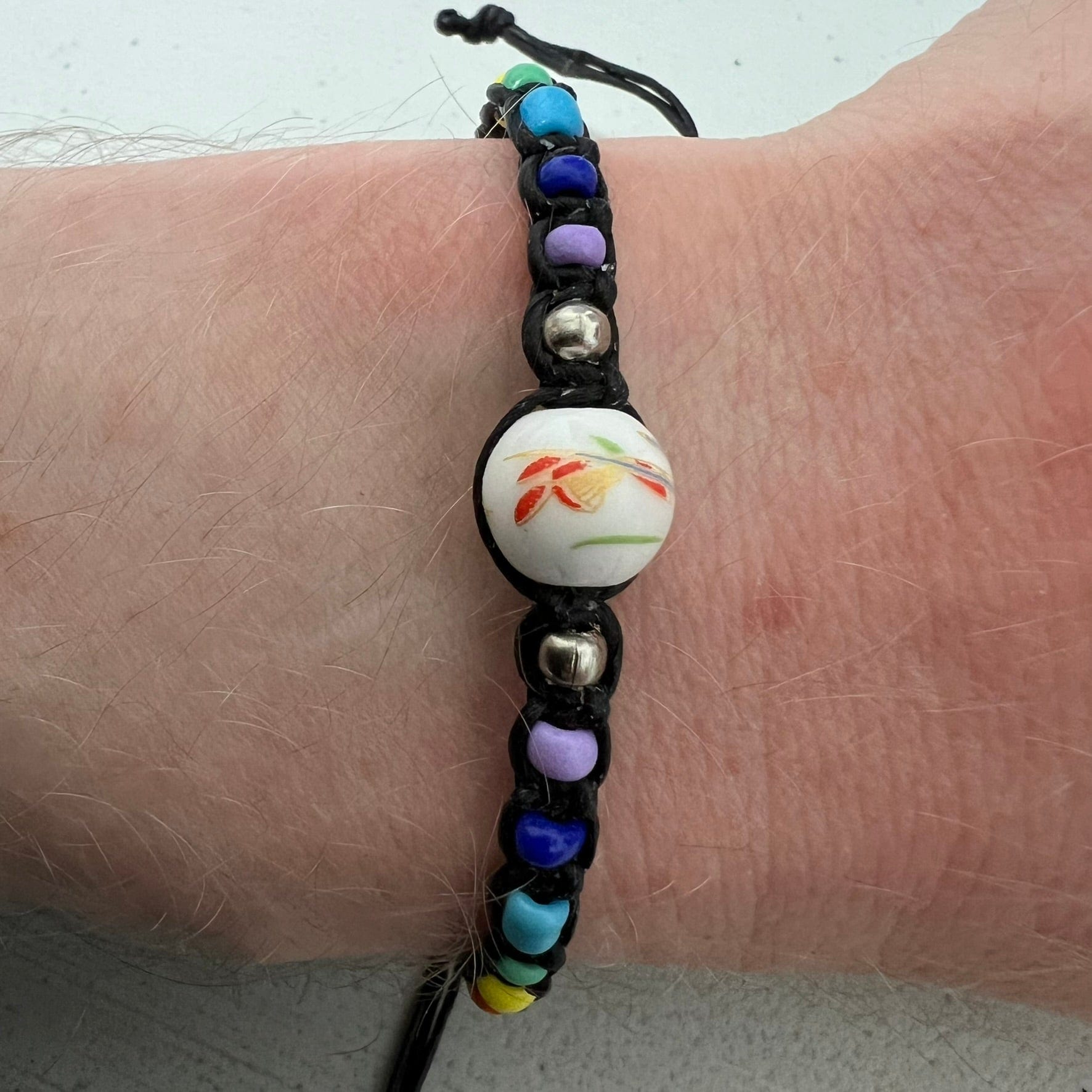 Floral Flower Rainbow Bead Bracelet Black Wristband Bangle Womens Girl Jewellery