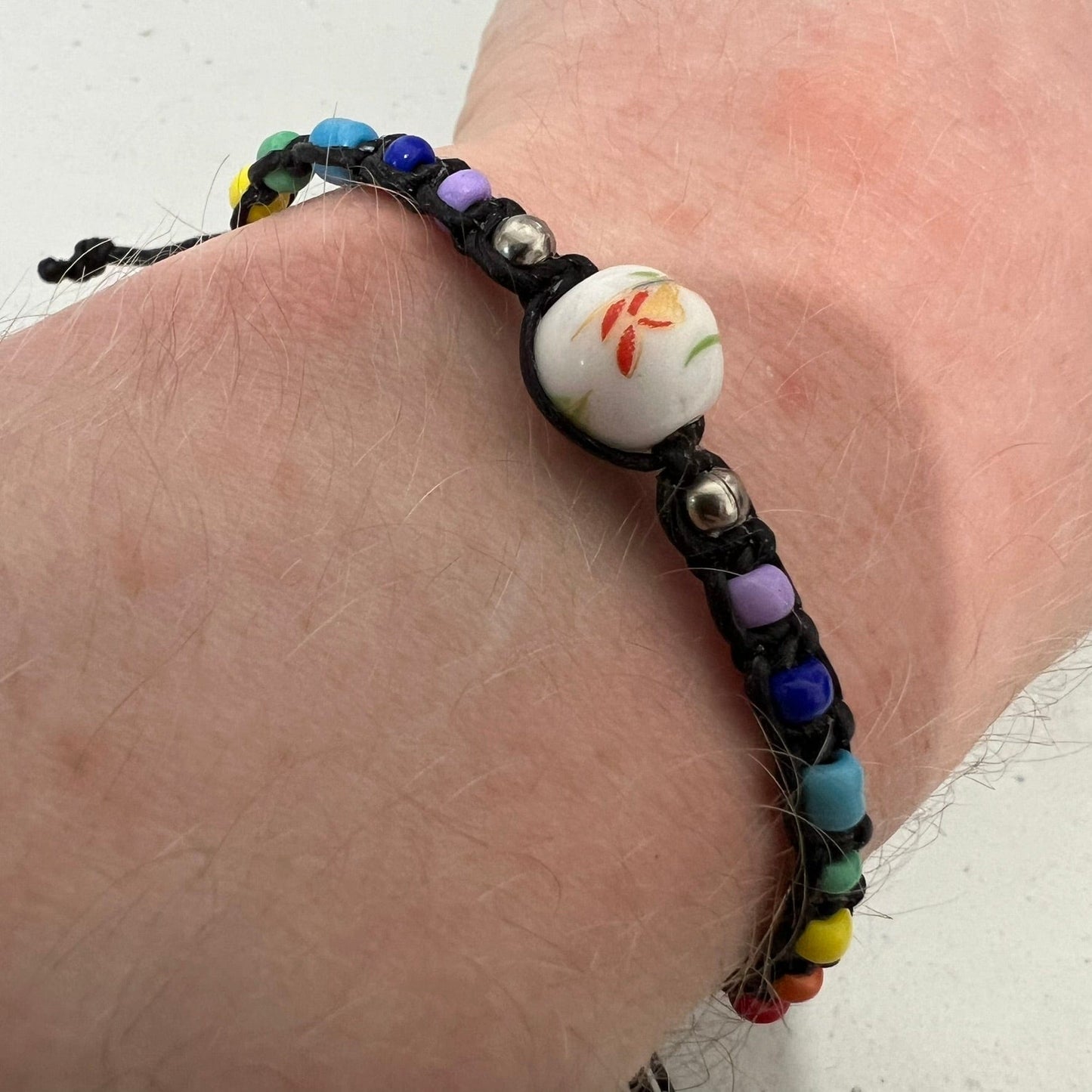 Floral Flower Rainbow Bead Bracelet Black Wristband Bangle Womens Girl Jewellery