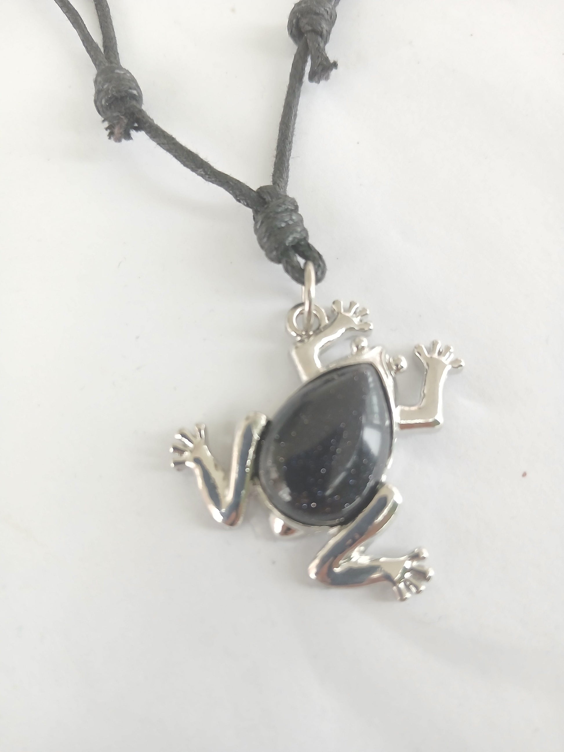 Frog charm Gold stone crystal pendant necklace with black adjustable choker cord jewellery for unisex