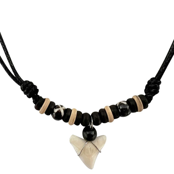 Imitation Resin Shark Tooth Pendant Necklace Wood Beaded Black Cord Chain Mens Womens Jewellery