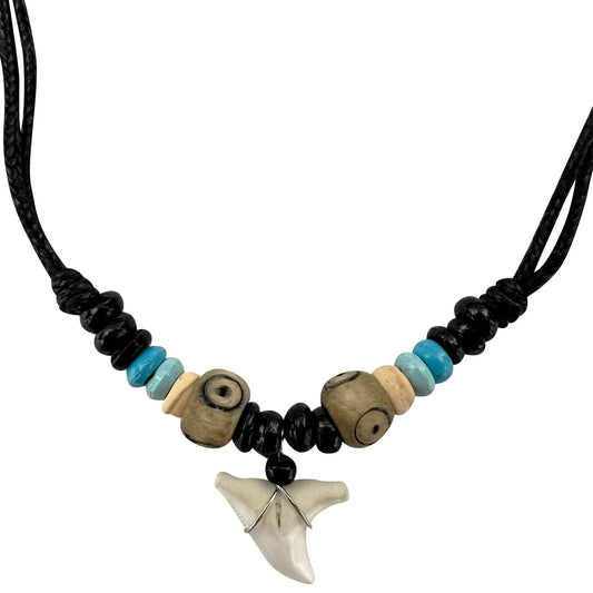 Imitation Resin Shark Tooth Pendant Necklace Wood Beaded Cord Chain Womens Mens Surfer Jewellery