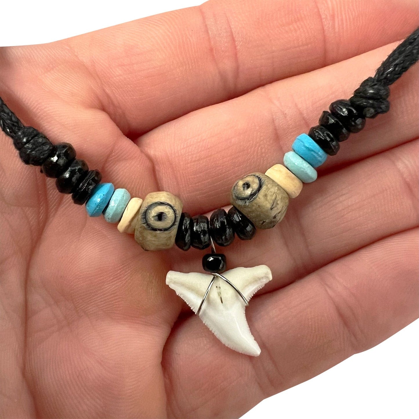 Imitation Resin Shark Tooth Pendant Necklace Wood Beaded Cord Chain Womens Mens Surfer Jewellery