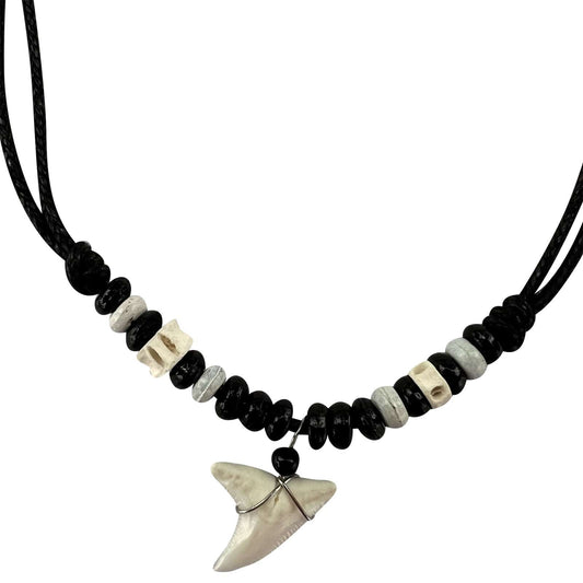 Imitation Resin Shark Tooth Pendant Necklace Wood Beads Chain Mens Womens Boys Girls Jewellery