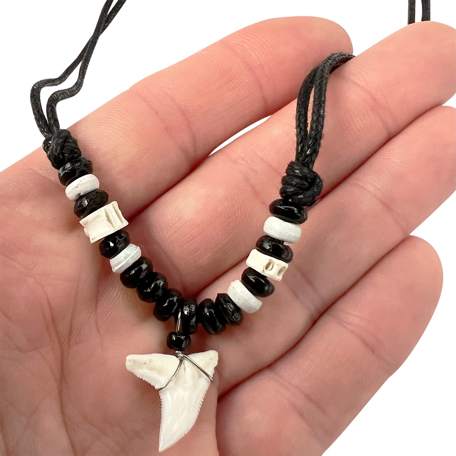 Imitation Resin Shark Tooth Pendant Necklace Wood Beads Chain Mens Womens Boys Girls Jewellery