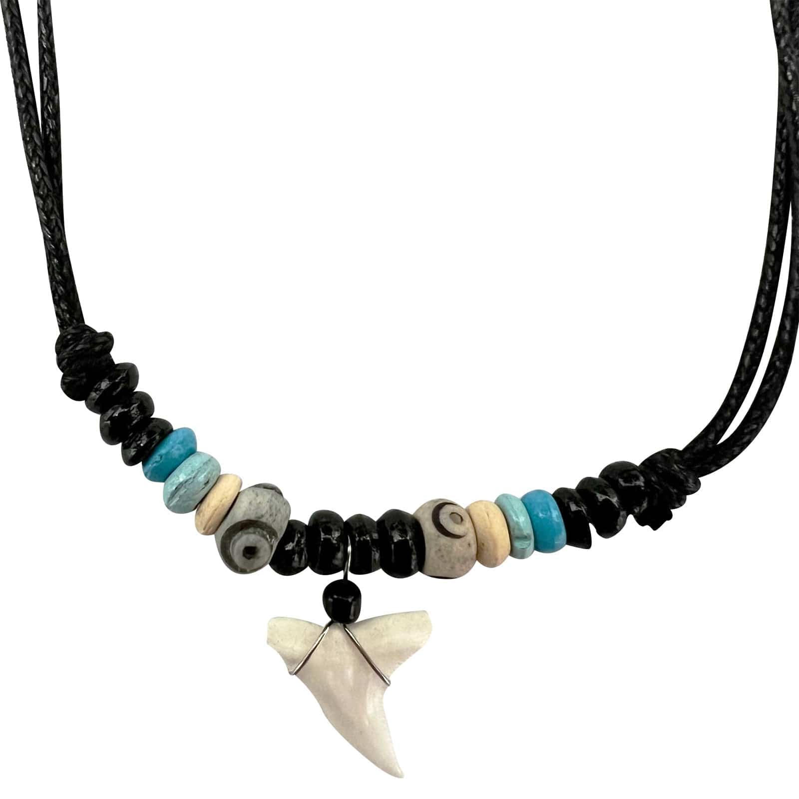Imitation Resin Shark Tooth Pendant Necklace Wood Beads Cord Chain Mens Ladies Costume Jewellery