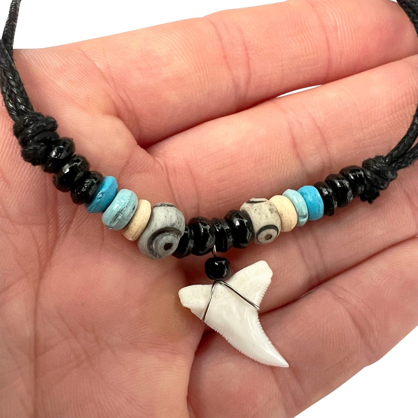 Imitation Resin Shark Tooth Pendant Necklace Wood Beads Cord Chain Mens Ladies Costume Jewellery
