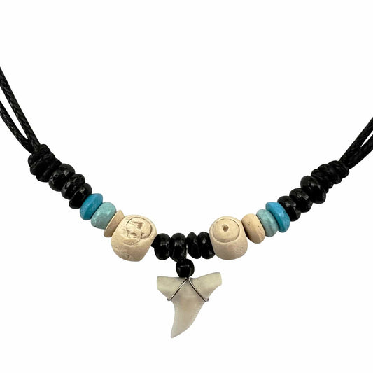 Imitation Resin Shark Tooth Pendant Necklace Wood Beads Cord Chain Mens Womens Costume Jewellery