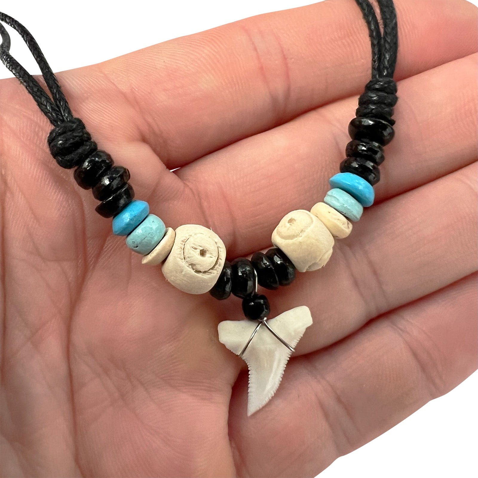 Imitation Resin Shark Tooth Pendant Necklace Wood Beads Cord Chain Mens Womens Costume Jewellery