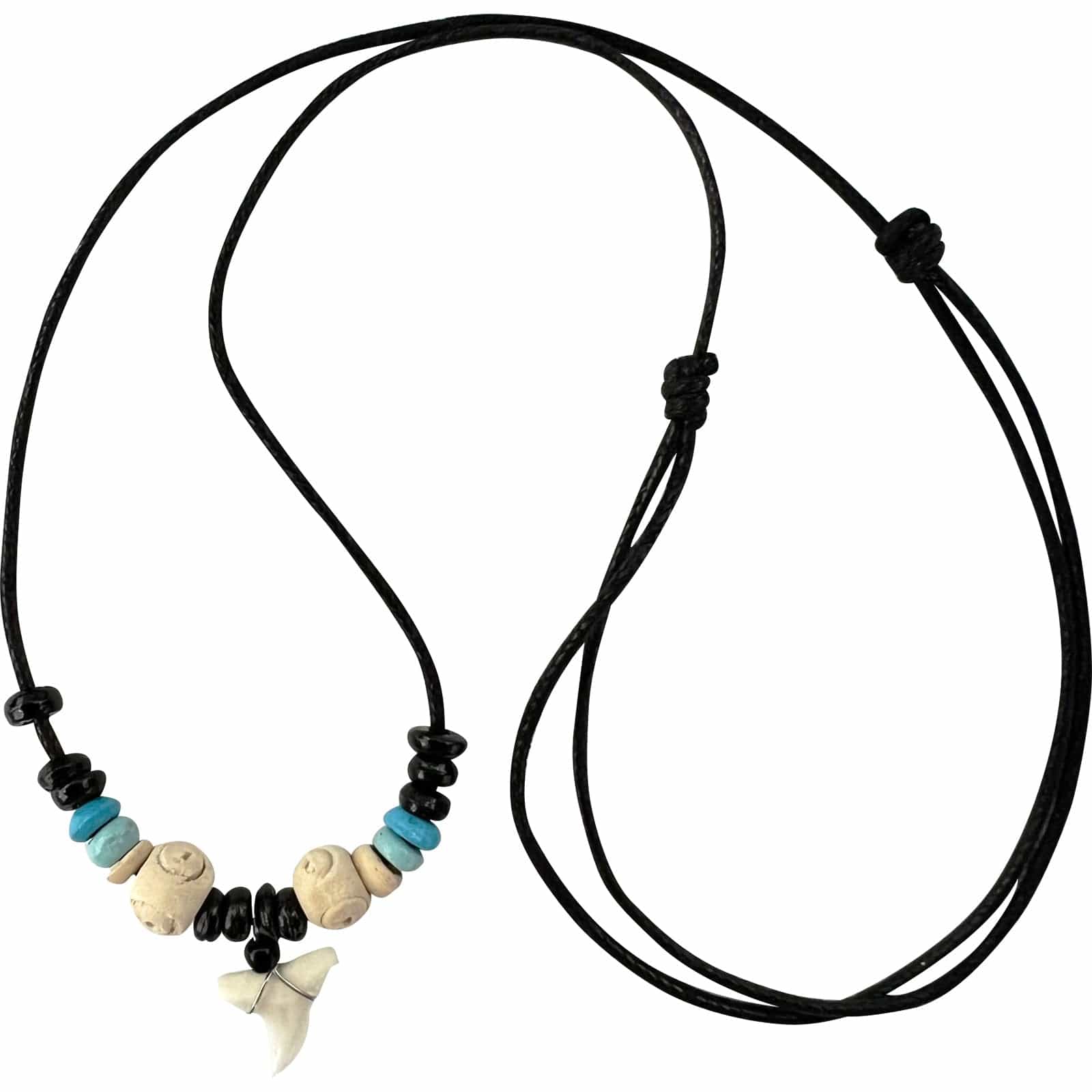 Imitation Resin Shark Tooth Pendant Necklace Wood Beads Cord Chain Mens Womens Costume Jewellery