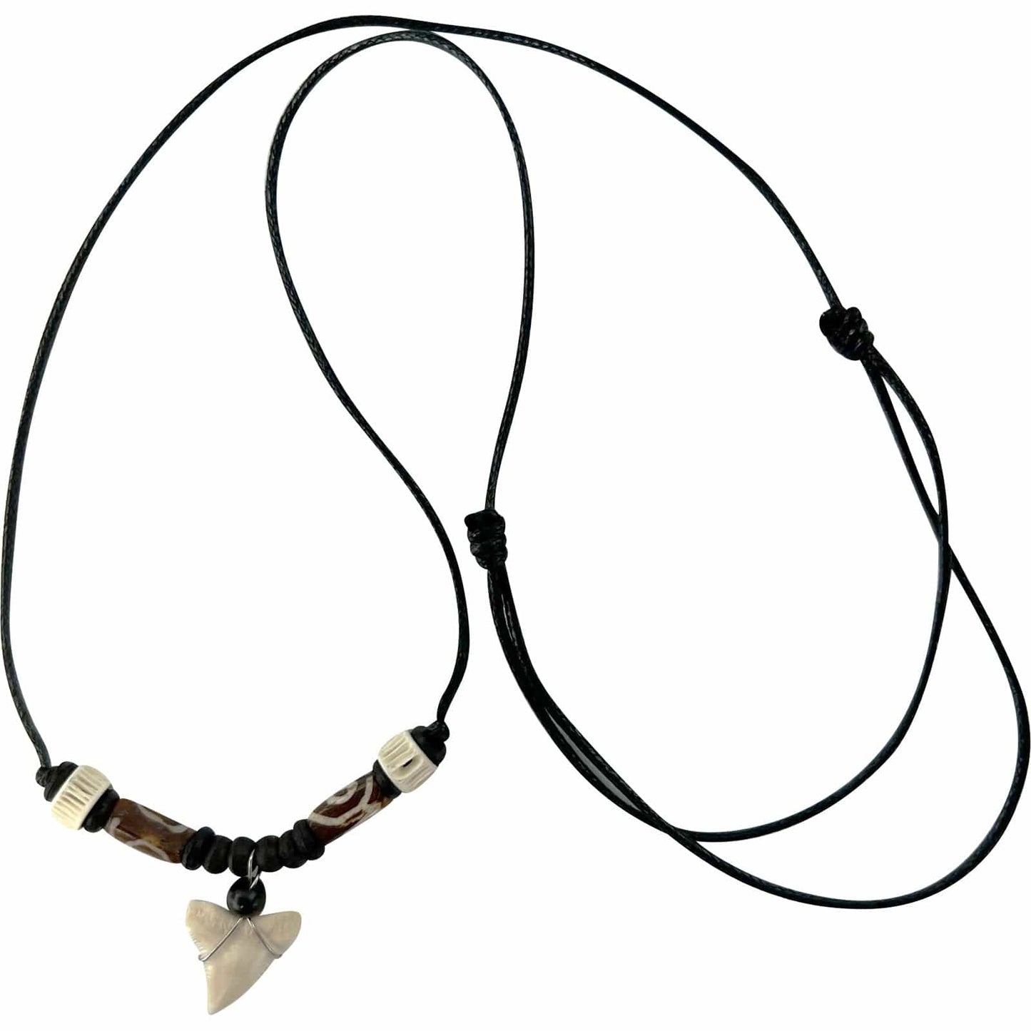 Imitation Resin Shark Tooth Pendant Necklace Wooden Beads Black Cord Chain Mens Womens Jewellery