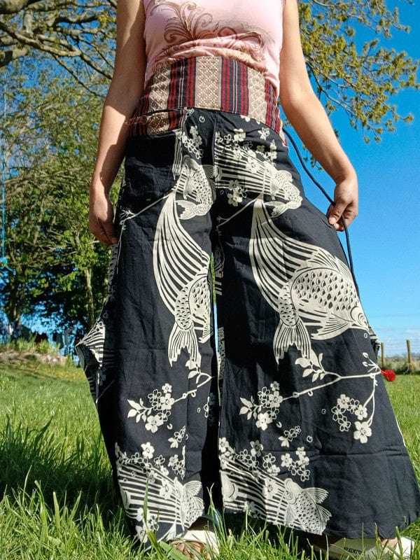 Koi Fish Black Harem Wide Leg Pants Genie Hippie Baggy High Rise Waist Trousers